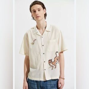 Urban Outfitters Cream Short-Sleeve Button-Down Shirt with Tiger Embroidery